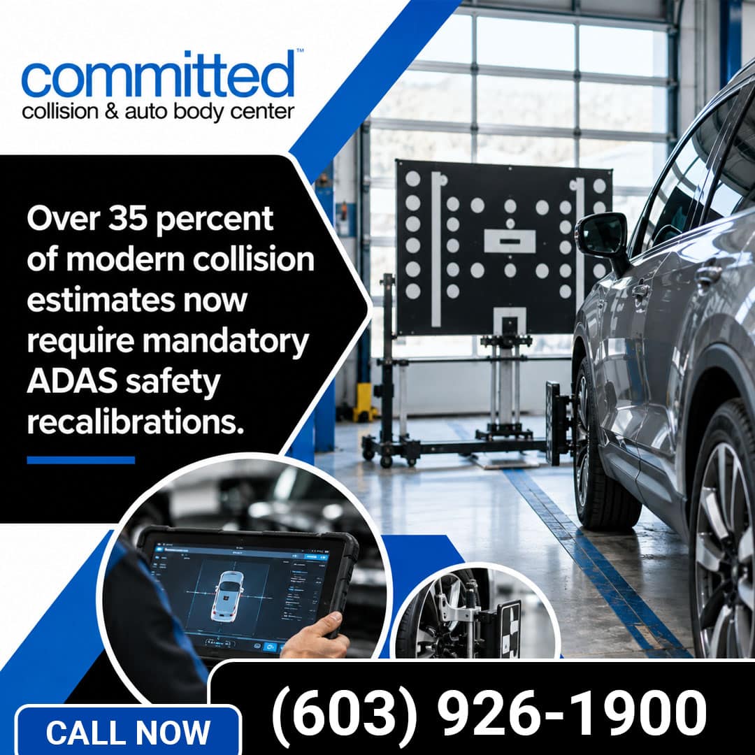 Why Do Late-Model Vehicles Need Professional Auto Body Repair? 1 Vehicle positioned before an ADAS calibration target board in an auto body shop, paired with circular insets showing a diagnostic tablet scanner and wheel alignment clamp target.