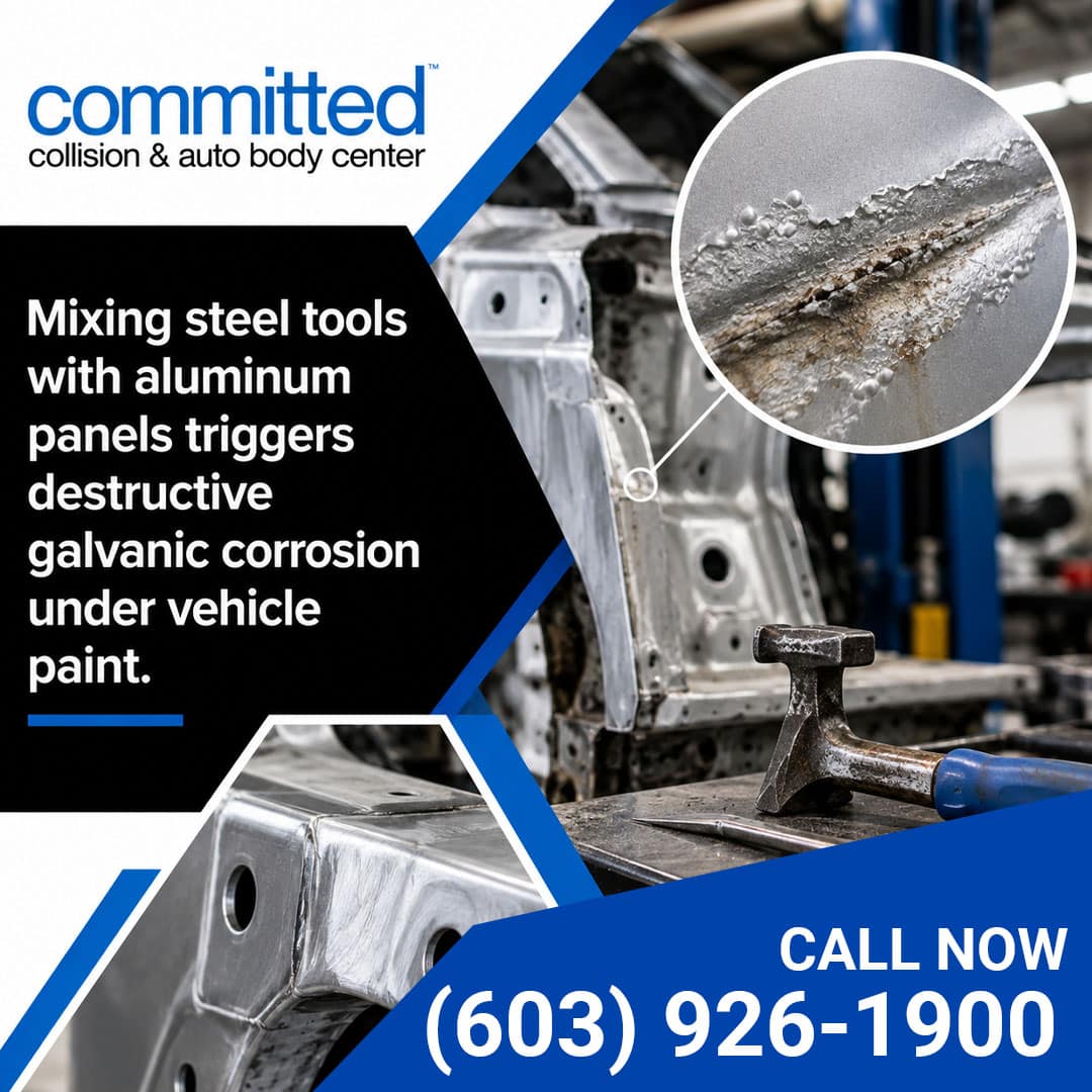 Aluminum vs. Steel Panels: How Does Auto Body Repair Differ? 1 Vehicle frame undergoing bodywork in an auto shop with an inset showing severe galvanic corrosion bubbling under auto paint, alongside a metal hammer on a workbench.