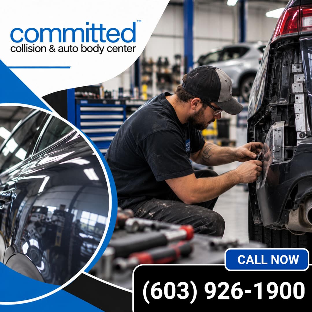 How Is Car Suspension Repair Diagnosed After a Collision? 2 Auto body technician kneeling to install and fit rear quarter-panel components on a black vehicle in a repair bay, with a circular inset of a glossy, reflective car panel.