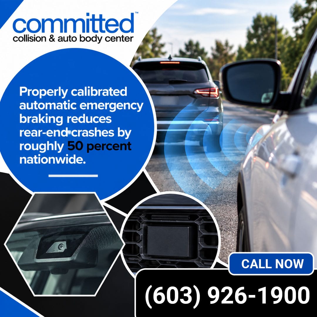 How Does ADAS Calibration Protect Your Vehicle's Safety Features? 1 Vehicle following another car on the road with an AEB sensor radar graphic, accompanied by circular insets highlighting a windshield-mounted forward camera and a front grille radar sensor module.