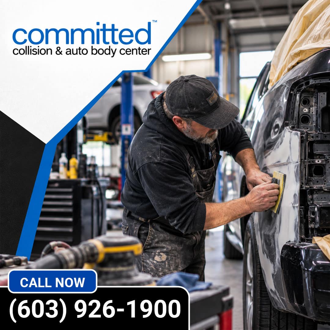 What Triggers the Need for Radar and Steering Calibration? 2 Collision repair technician hand sanding automotive body filler on a vehicle's rear quarter panel using a sanding block in a repair bay.