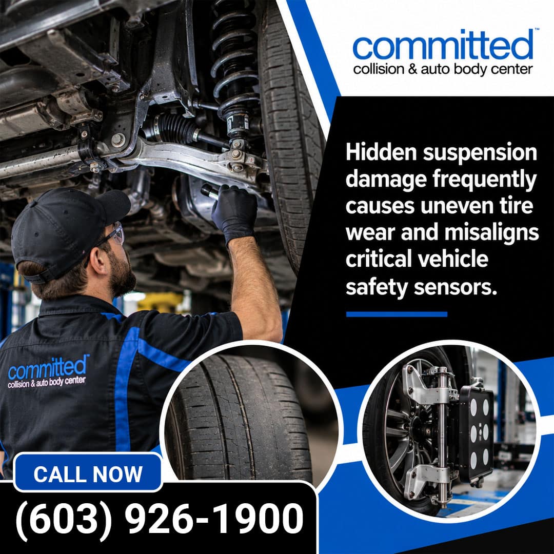 How Is Car Suspension Repair Diagnosed After a Collision? 1 Technician inspecting a raised vehicle's suspension components with a flashlight, paired with circular insets showing uneven tire wear and a wheel alignment clamp sensor.