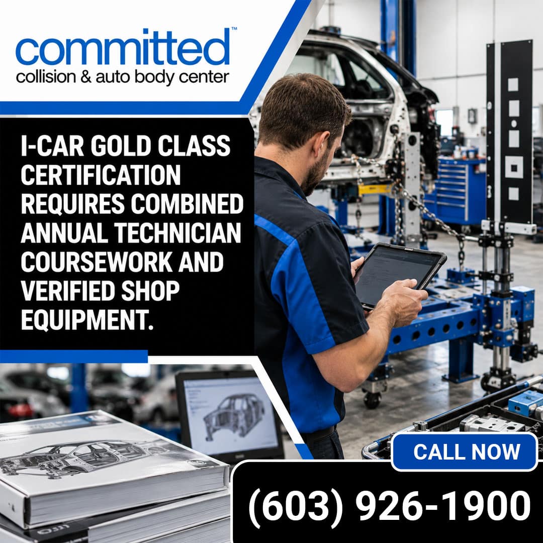 What Equipment and Training Set Certified Collision Repair Apart? 1 Auto collision technician holding a diagnostic tablet while standing in front of a vehicle chassis mounted on a frame straightening rack, alongside technical repair manuals