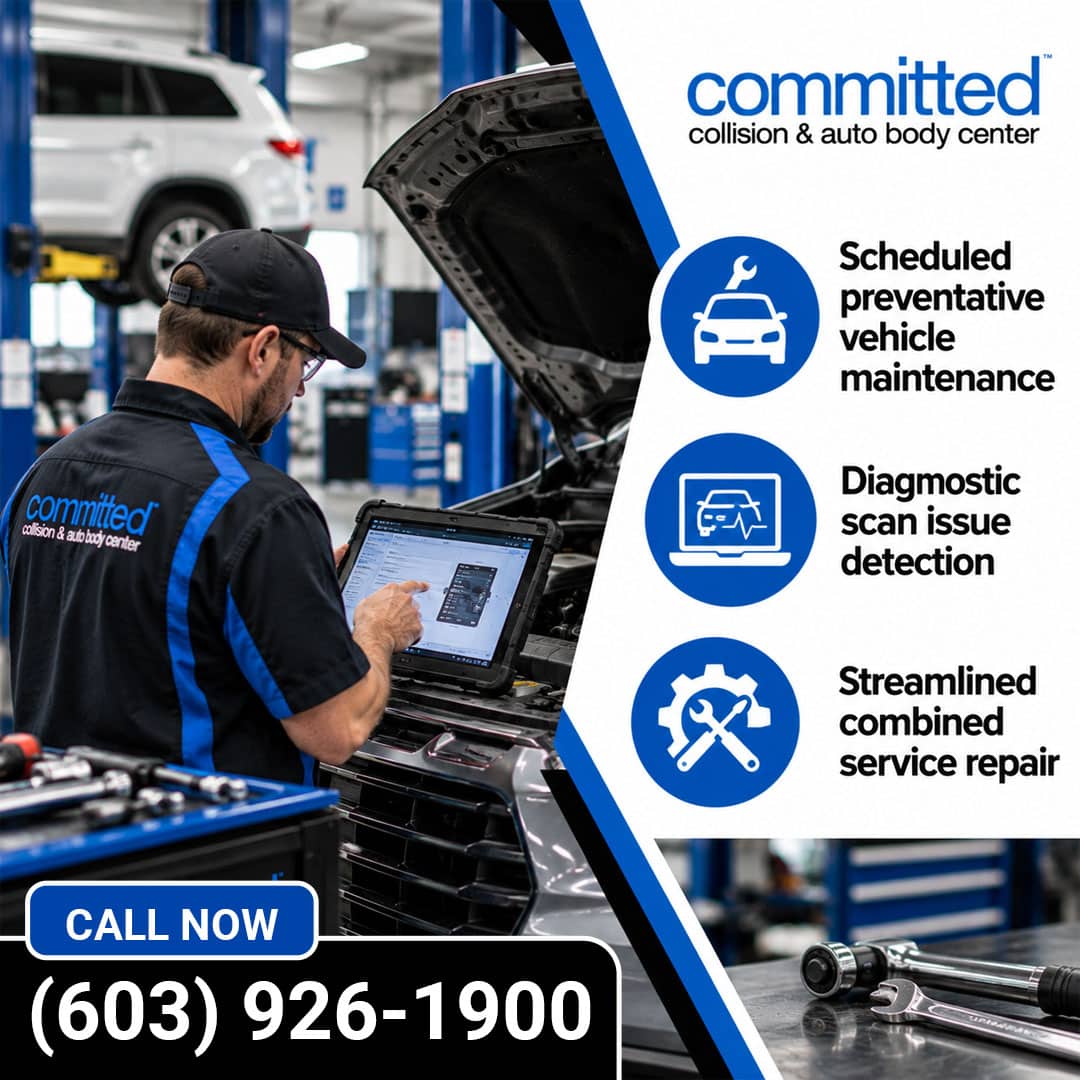 What Routine Services Does General Auto Repair Include? 2 Auto mechanic using a rugged diagnostic tablet computer under the open hood of a car in a service bay, accompanied by service icons and tools on a workbench.