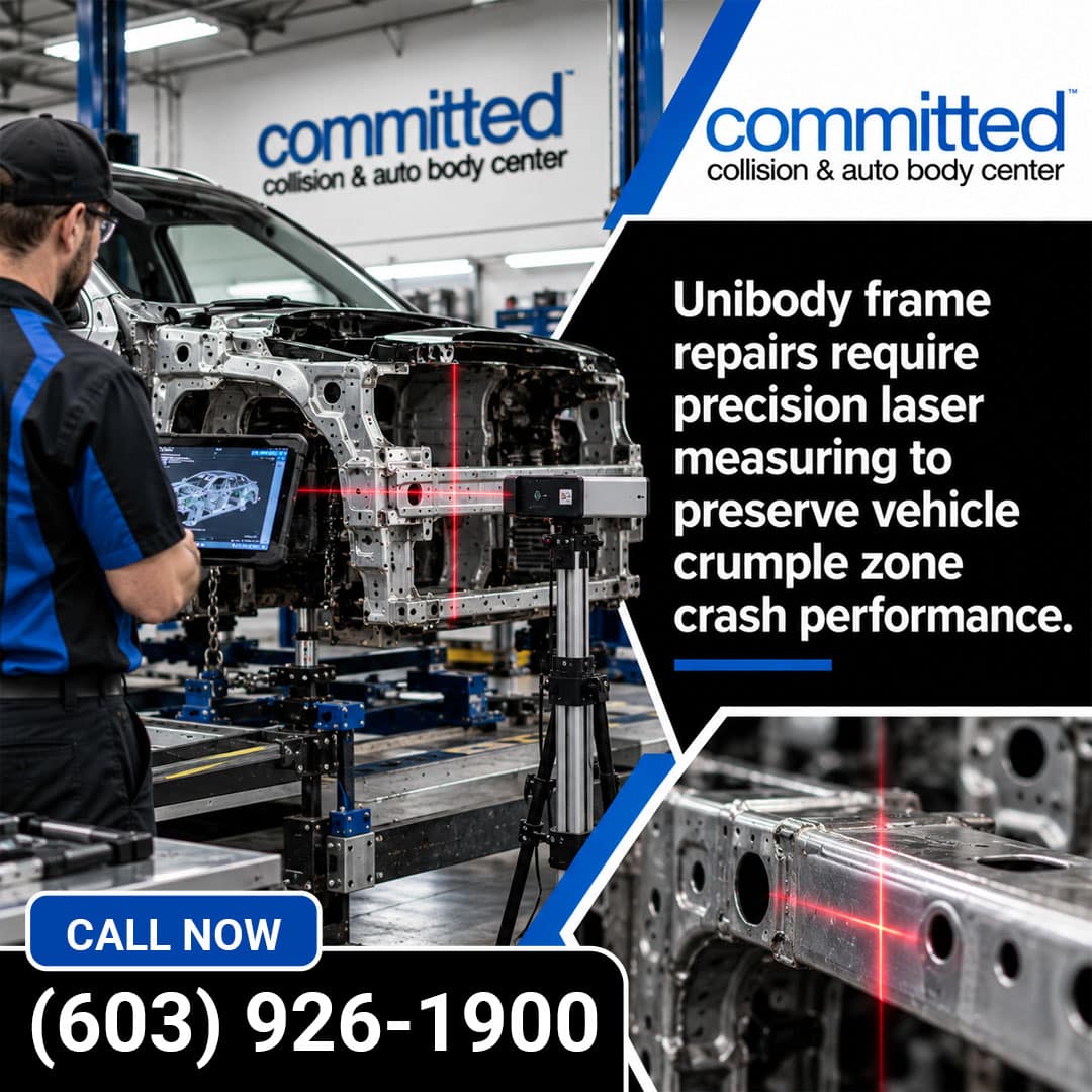 Can a Unibody Vehicle Be Safely Repaired After Frame Damage? 1 Auto body technician using a computer diagnostic screen and 3D laser measuring system with red alignment beams projected across an exposed vehicle unibody frame on a repair bench.