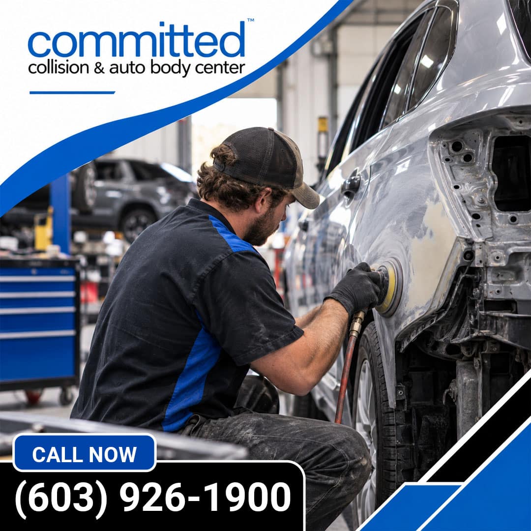 Aluminum vs. Steel Panels: How Does Auto Body Repair Differ? 2 Auto body technician using a pneumatic orbital sander to prep and smooth the rear quarter panel of a silver vehicle in a repair bay.