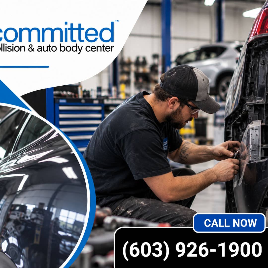 Can a Unibody Vehicle Be Safely Repaired After Frame Damage? 2 Auto body technician fitting rear bumper components in a collision repair shop, accompanied by a circular inset showcasing a glossy, mirror-finish black car panel.