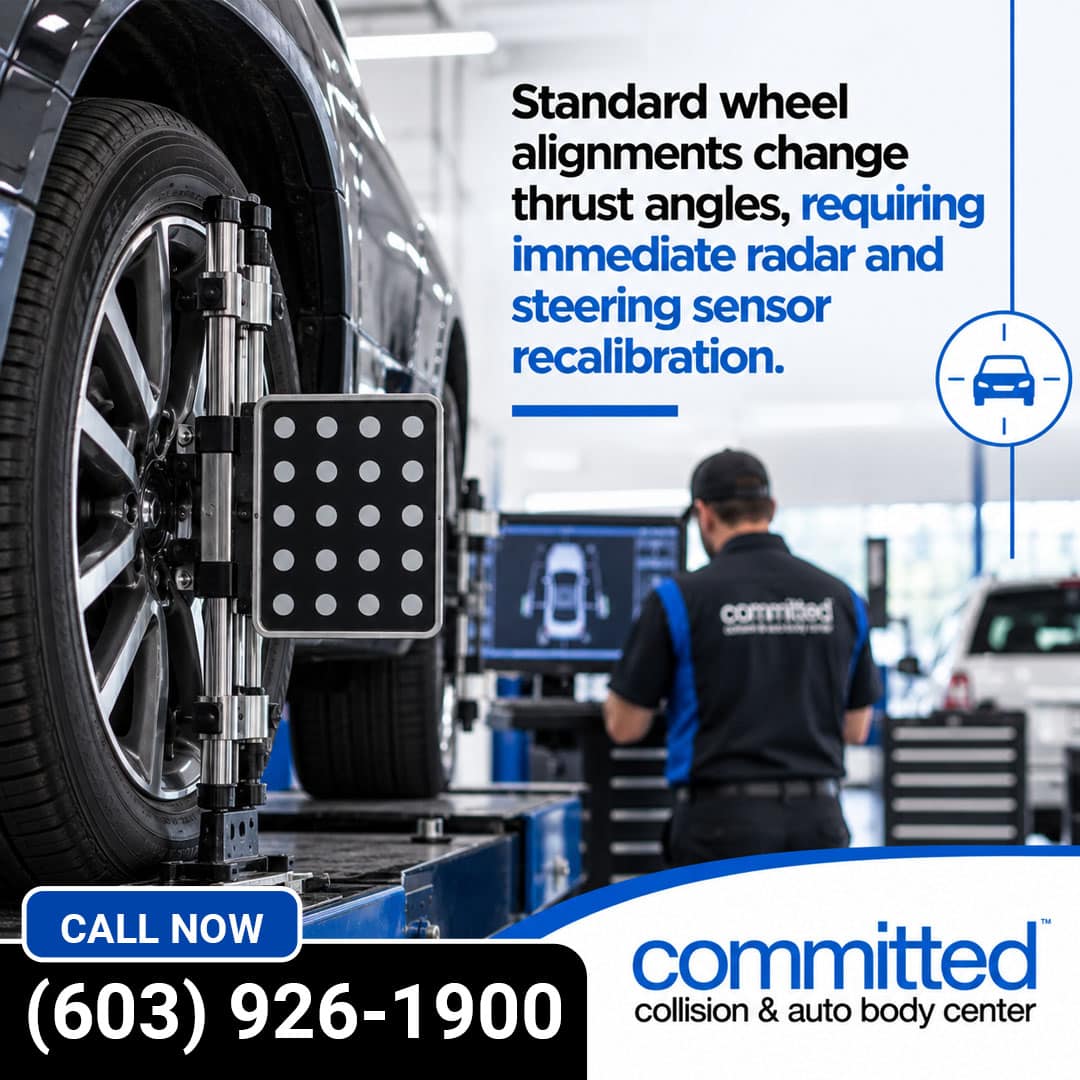 What Triggers the Need for Radar and Steering Calibration? 1 Vehicle tire fitted with a computerized wheel alignment clamp target on an alignment rack, with a technician in the background monitoring diagnostic screens.