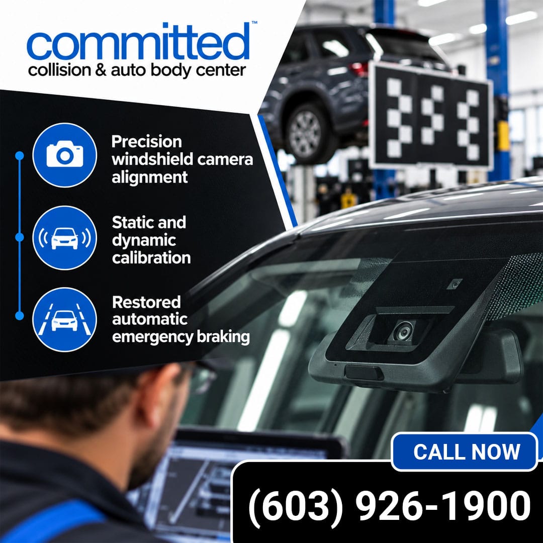 How Does ADAS Calibration Protect Your Vehicle's Safety Features? 2 Auto collision technician calibrating a windshield-mounted forward-facing camera facing an ADAS optical target board inside a repair bay.